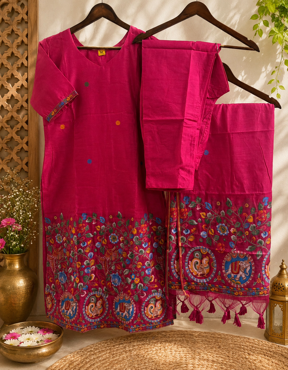 Rani Pink Heritage Kalamkari Jamdani Kurta Set
